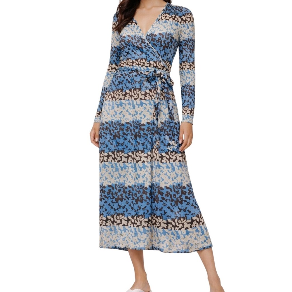 Bloomingdale's Max and Cleo Blue Floral Striped Long Sleeve Wrap Midi Dress S